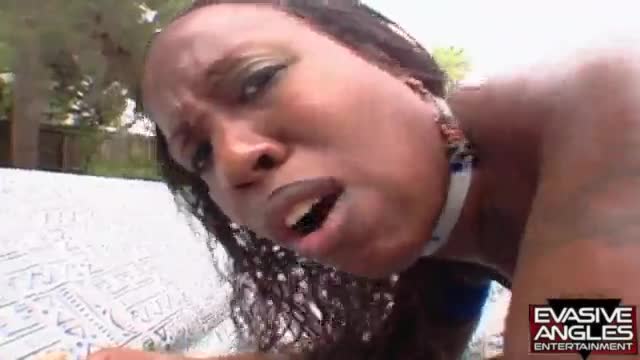 EVASIVE ANGLES Chocolate Diva With Big Boobs Gets It In All Holes Outside. He flips her over and pou
